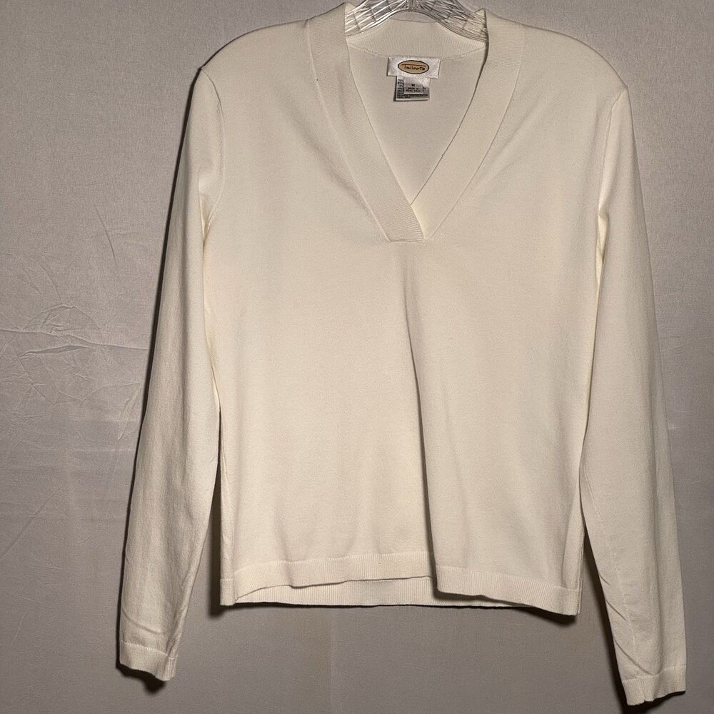 Vintage Talbots White Cotton Blend V Neck Sweater Medium Classic Long Sleeve